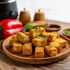 Chrupiące tofu z airfryera, posypane szczypiorkiem i sezamem, obok papryk i sosu. Idealna przekąska!