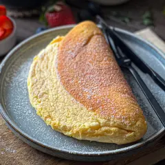Puszysty omlet z piekarnika, posypany cukrem pudrem, czeka na talerzu obok czarnych sztućców. W tle widać miseczkę z truskawkami.