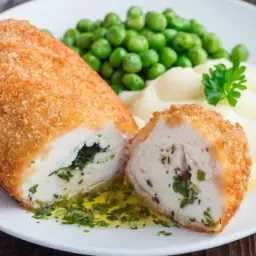 Idealne co na obiad w niedzielę: panierowany kotlet z kurczaka z ziołami, podany z puree ziemniaczanym i zielonym groszkiem.