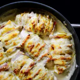 Prosta zapiekanka ziemniaczana z boczkiem i serem, zapieczona w sosie śmietanowym.