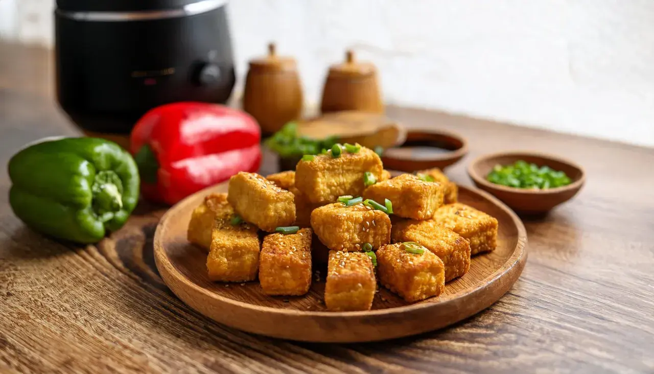 Chrupiące tofu z airfryera, posypane szczypiorkiem i sezamem, obok papryk i sosu. Idealna przekąska!